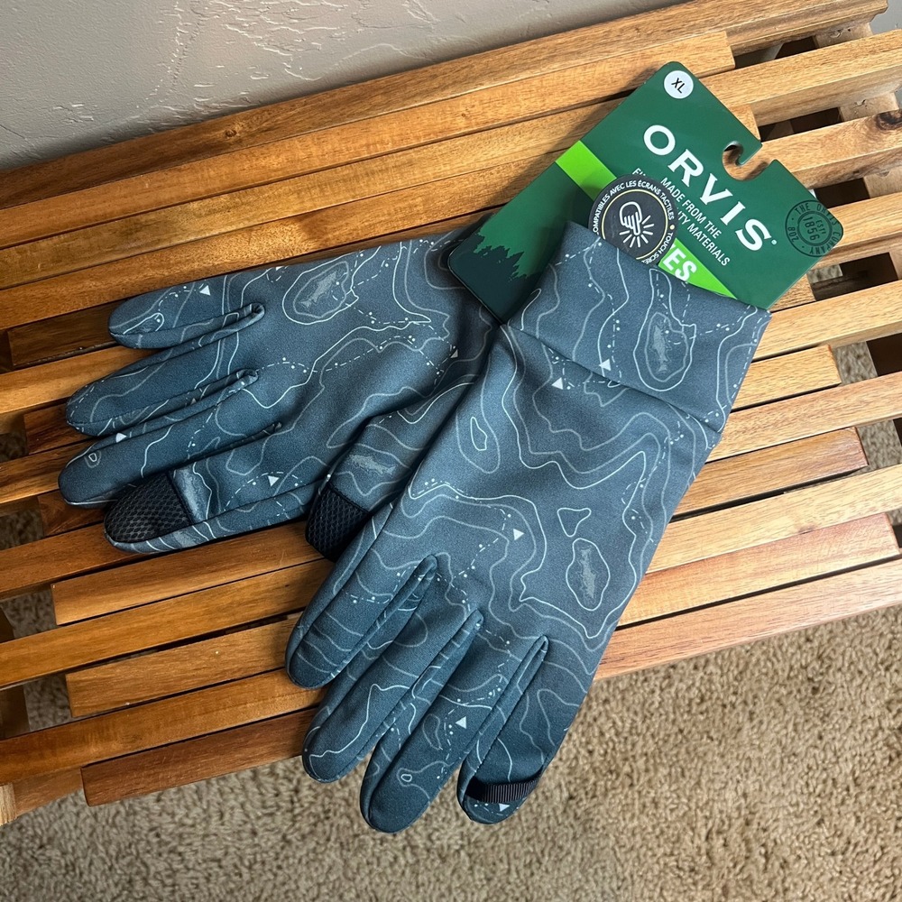 Orvis XL Liner Gloves Grey Topographic Fish Print Touchscreen Compatible NEW